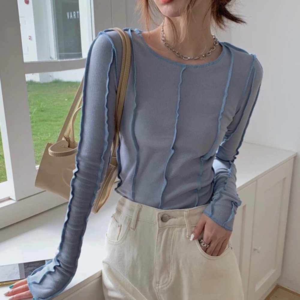 Shirt blue ribbed line blouse womens